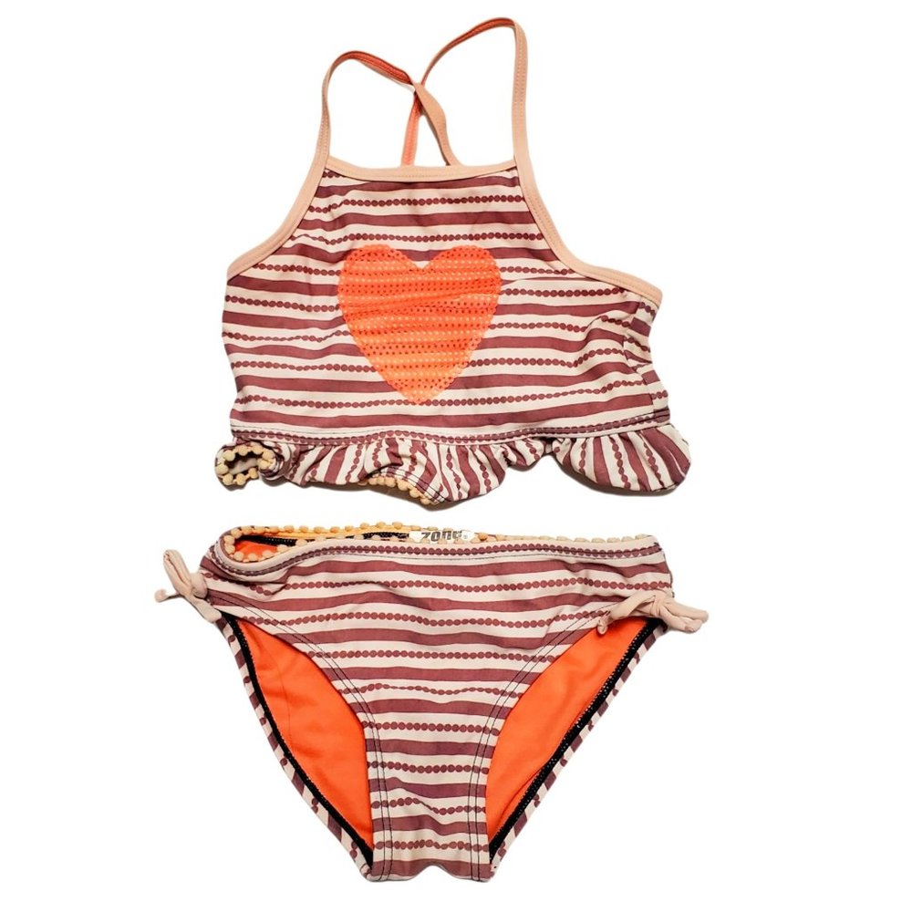 Wave Zone Youth Girl Striped Ruffled HeartTankini XS(4-5)